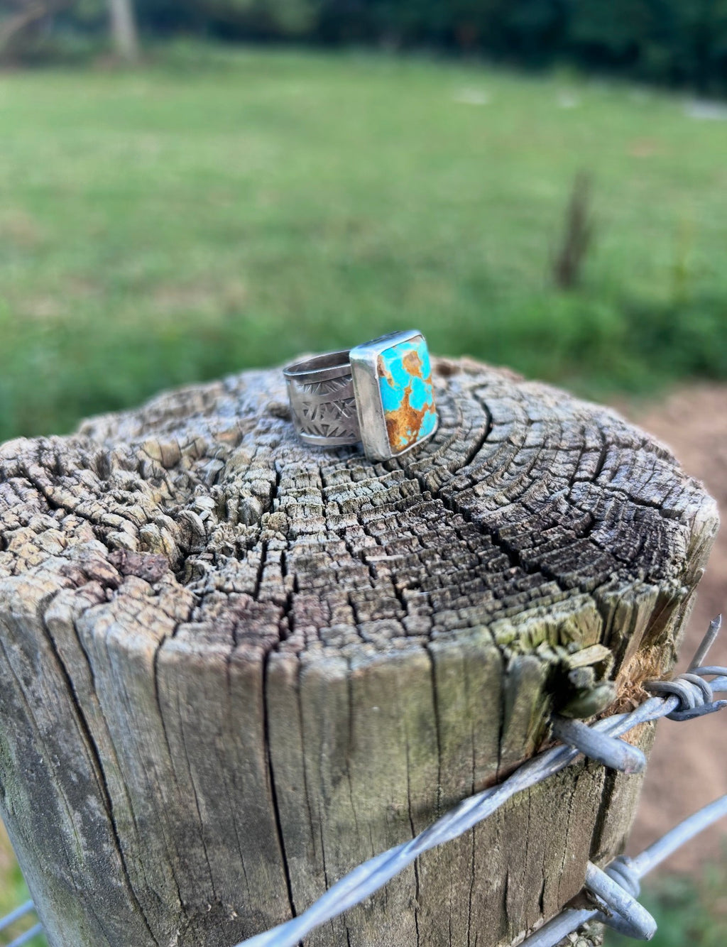 Kingman Turquoise Hand Stamped Sterling Silver Ring