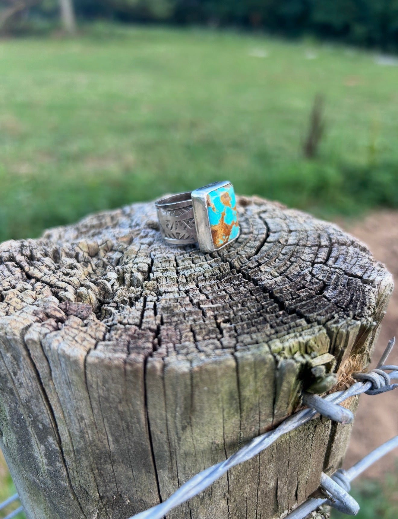 Kingman Turquoise Hand Stamped Sterling Silver Ring