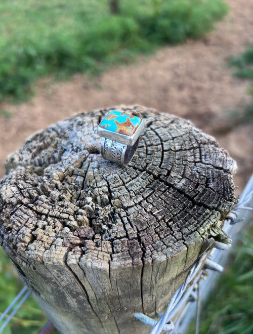 Kingman Turquoise Hand Stamped Sterling Silver Ring