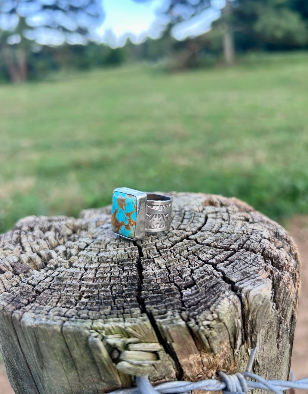 Kingman Turquoise Hand Stamped Sterling Silver Ring